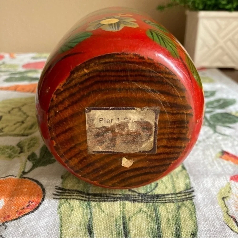 Retro Pier 1 Exports red painted decorative wooden jars with lids